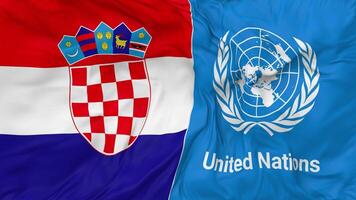 Croacia y unido naciones, Naciones Unidas banderas juntos sin costura bucle fondo, serpenteado bache textura paño ondulación lento movimiento, 3d representación video