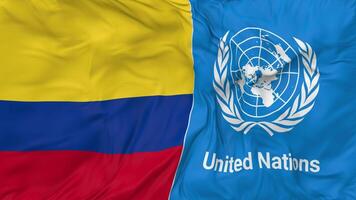 Colombia and United Nations, UN Flags Together Seamless Looping Background, Looped Bump Texture Cloth Waving Slow Motion, 3D Rendering video