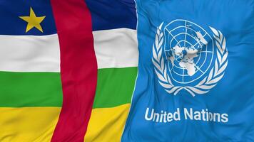 central africano república y unido naciones, Naciones Unidas banderas juntos sin costura bucle fondo, serpenteado bache textura paño ondulación lento movimiento, 3d representación video