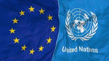 europeo Unión, UE y unido naciones, Naciones Unidas banderas juntos sin costura bucle fondo, serpenteado bache textura paño ondulación lento movimiento, 3d representación video