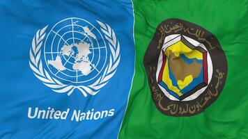 Cooperation Council for the Arab States of the Gulf, GCC and United Nations, UN Flags Together Seamless Looping Background, Looped Bump Texture Cloth Waving Slow Motion, 3D Rendering video