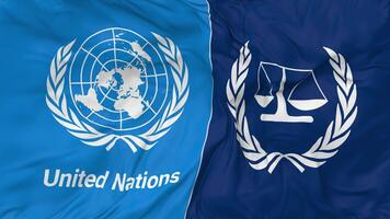 International Criminal Court, ICC and United Nations, UN Flags Together Seamless Looping Background, Looped Bump Texture Cloth Waving Slow Motion, 3D Rendering video