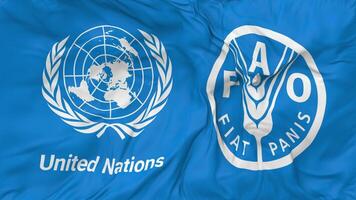 nourriture et agriculture organisation, fao et uni nations, ONU drapeaux ensemble sans couture boucle arrière-plan, en boucle bosse texture tissu agitant lent mouvement, 3d le rendu video