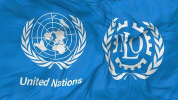 International Labour Organization, ILO and United Nations, UN Flags Together Seamless Looping Background, Looped Bump Texture Cloth Waving Slow Motion, 3D Rendering video