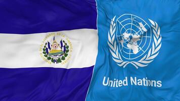 el Salvador und vereinigt Nationen, un Flaggen zusammen nahtlos Schleifen Hintergrund, geloopt stoßen Textur Stoff winken schleppend Bewegung, 3d Rendern video