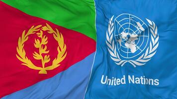 Eritrea and United Nations, UN Flags Together Seamless Looping Background, Looped Bump Texture Cloth Waving Slow Motion, 3D Rendering video