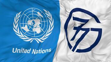 groupe de 77, g77 et uni nations, ONU drapeaux ensemble sans couture boucle arrière-plan, en boucle bosse texture tissu agitant lent mouvement, 3d le rendu video