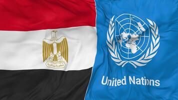 Egipto y unido naciones, Naciones Unidas banderas juntos sin costura bucle fondo, serpenteado bache textura paño ondulación lento movimiento, 3d representación video