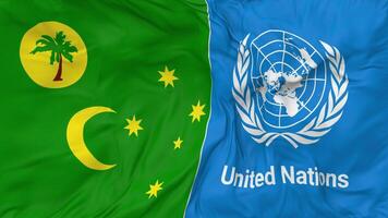 Territory of Cocos Islands, Keeling Islands and United Nations, UN Flags Together Seamless Looping Background, Looped Bump Texture Cloth Waving Slow Motion, 3D Rendering video