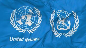 international maritime organisation, imo et uni nations, ONU drapeaux ensemble sans couture boucle arrière-plan, en boucle bosse texture tissu agitant lent mouvement, 3d le rendu video