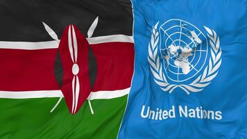Quênia e Unidos nações, un bandeiras juntos desatado looping fundo, em loop colisão textura pano acenando lento movimento, 3d Renderização video