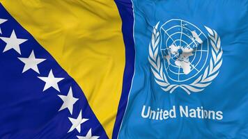 bosnia y herzegovina y unido naciones, Naciones Unidas banderas juntos sin costura bucle fondo, serpenteado bache textura paño ondulación lento movimiento, 3d representación video