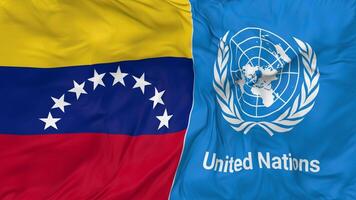 bolivarien république de Venezuela et uni nations, ONU drapeaux ensemble sans couture boucle arrière-plan, en boucle bosse texture tissu agitant lent mouvement, 3d le rendu video