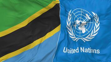 Tanzanie et uni nations, ONU drapeaux ensemble sans couture boucle arrière-plan, en boucle bosse texture tissu agitant lent mouvement, 3d le rendu video
