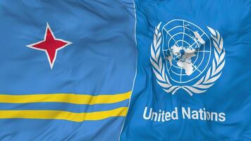 aruba y unido naciones, Naciones Unidas banderas juntos sin costura bucle fondo, serpenteado bache textura paño ondulación lento movimiento, 3d representación video