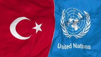 Turkey and United Nations, UN Flags Together Seamless Looping Background, Looped Bump Texture Cloth Waving Slow Motion, 3D Rendering video