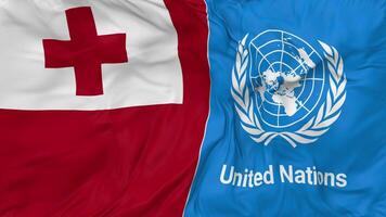 Tonga and United Nations, UN Flags Together Seamless Looping Background, Looped Bump Texture Cloth Waving Slow Motion, 3D Rendering video