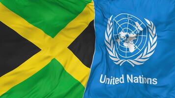 Jamaïque et uni nations, ONU drapeaux ensemble sans couture boucle arrière-plan, en boucle bosse texture tissu agitant lent mouvement, 3d le rendu video