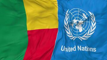 Benin and United Nations, UN Flags Together Seamless Looping Background, Looped Bump Texture Cloth Waving Slow Motion, 3D Rendering video