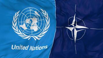 Nord atlantique traité organisation, nato et uni nations, ONU drapeaux ensemble sans couture boucle arrière-plan, en boucle bosse texture tissu agitant lent mouvement, 3d le rendu video