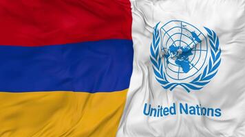 Arménie et uni nations, ONU drapeaux ensemble sans couture boucle arrière-plan, en boucle bosse texture tissu agitant lent mouvement, 3d le rendu video