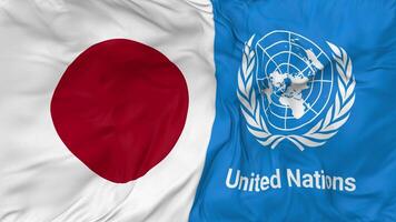 Japan und vereinigt Nationen, un Flaggen zusammen nahtlos Schleifen Hintergrund, geloopt stoßen Textur Stoff winken schleppend Bewegung, 3d Rendern video