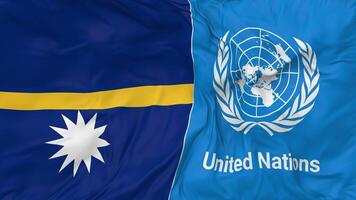 Nauru and United Nations, UN Flags Together Seamless Looping Background, Looped Bump Texture Cloth Waving Slow Motion, 3D Rendering video