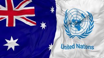 Australien och förenad nationer, fn flaggor tillsammans sömlös looping bakgrund, looped stöta textur trasa vinka långsam rörelse, 3d tolkning video