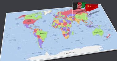 Afganistán y China bandera ondulación con el 3d mundo mapa, sin costura lazo en viento, 3d representación video
