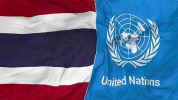 Thailand and United Nations, UN Flags Together Seamless Looping Background, Looped Bump Texture Cloth Waving Slow Motion, 3D Rendering video