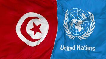 Túnez y unido naciones, Naciones Unidas banderas juntos sin costura bucle fondo, serpenteado bache textura paño ondulación lento movimiento, 3d representación video