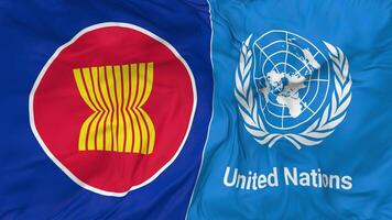 associazione di sud-est asiatico nazioni, ASEAN e unito nazioni, un bandiere insieme senza soluzione di continuità looping sfondo, loop urto struttura stoffa agitando lento movimento, 3d interpretazione video