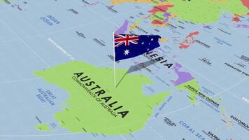 Australia Flag Waving in Wind, World Map Rotating around Flag, Seamless Loop, 3D Rendering video