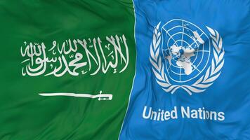 KSA, Kingdom of Saudi Arabia and United Nations, UN Flags Together Seamless Looping Background, Looped Bump Texture Cloth Waving Slow Motion, 3D Rendering video
