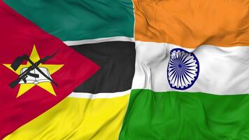 India and Mozambique Flags Together Seamless Looping Background, Looped Bump Texture Cloth Waving Slow Motion, 3D Rendering video