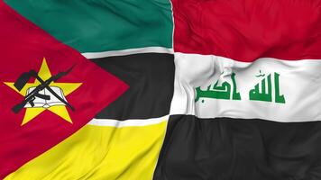 Iraq and Mozambique Flags Together Seamless Looping Background, Looped Bump Texture Cloth Waving Slow Motion, 3D Rendering video