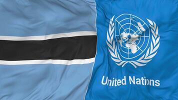 Botswana y unido naciones, Naciones Unidas banderas juntos sin costura bucle fondo, serpenteado bache textura paño ondulación lento movimiento, 3d representación video