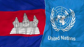 Cambodge et uni nations, ONU drapeaux ensemble sans couture boucle arrière-plan, en boucle bosse texture tissu agitant lent mouvement, 3d le rendu video