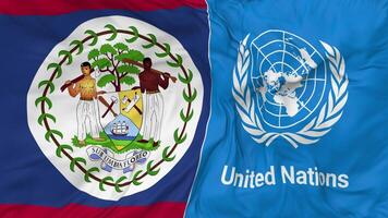 Belize and United Nations, UN Flags Together Seamless Looping Background, Looped Bump Texture Cloth Waving Slow Motion, 3D Rendering video