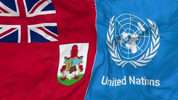 islas Bermudas y unido naciones, Naciones Unidas banderas juntos sin costura bucle fondo, serpenteado bache textura paño ondulación lento movimiento, 3d representación video