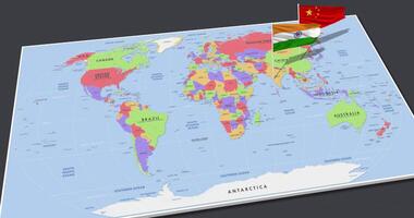 Índia e China bandeira acenando com a 3d mundo mapa, desatado ciclo dentro vento, 3d Renderização video