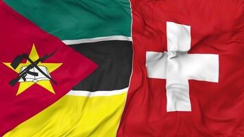 Switzerland and Mozambique Flags Together Seamless Looping Background, Looped Bump Texture Cloth Waving Slow Motion, 3D Rendering video