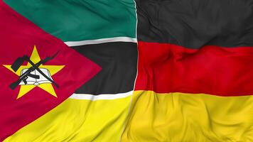 Germany and Mozambique Flags Together Seamless Looping Background, Looped Bump Texture Cloth Waving Slow Motion, 3D Rendering video