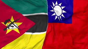 Taiwan and Mozambique Flags Together Seamless Looping Background, Looped Bump Texture Cloth Waving Slow Motion, 3D Rendering video