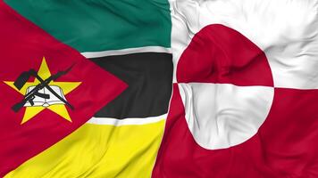 Groenland en Mozambique vlaggen samen naadloos looping achtergrond, lusvormige buil structuur kleding golvend langzaam beweging, 3d renderen video