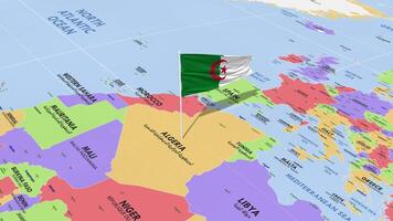 Argelia bandera ondulación en viento, mundo mapa giratorio alrededor bandera, sin costura bucle, 3d representación video