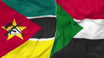 Sudán y Mozambique banderas juntos sin costura bucle fondo, serpenteado bache textura paño ondulación lento movimiento, 3d representación video