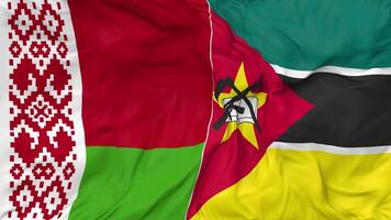 Vitryssland och moçambique flaggor tillsammans sömlös looping bakgrund, looped stöta textur trasa vinka långsam rörelse, 3d tolkning video