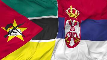 Serbia and Mozambique Flags Together Seamless Looping Background, Looped Bump Texture Cloth Waving Slow Motion, 3D Rendering video