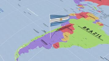 Argentina bandeira acenando dentro vento, mundo mapa rotativo por aí bandeira, desatado laço, 3d Renderização video